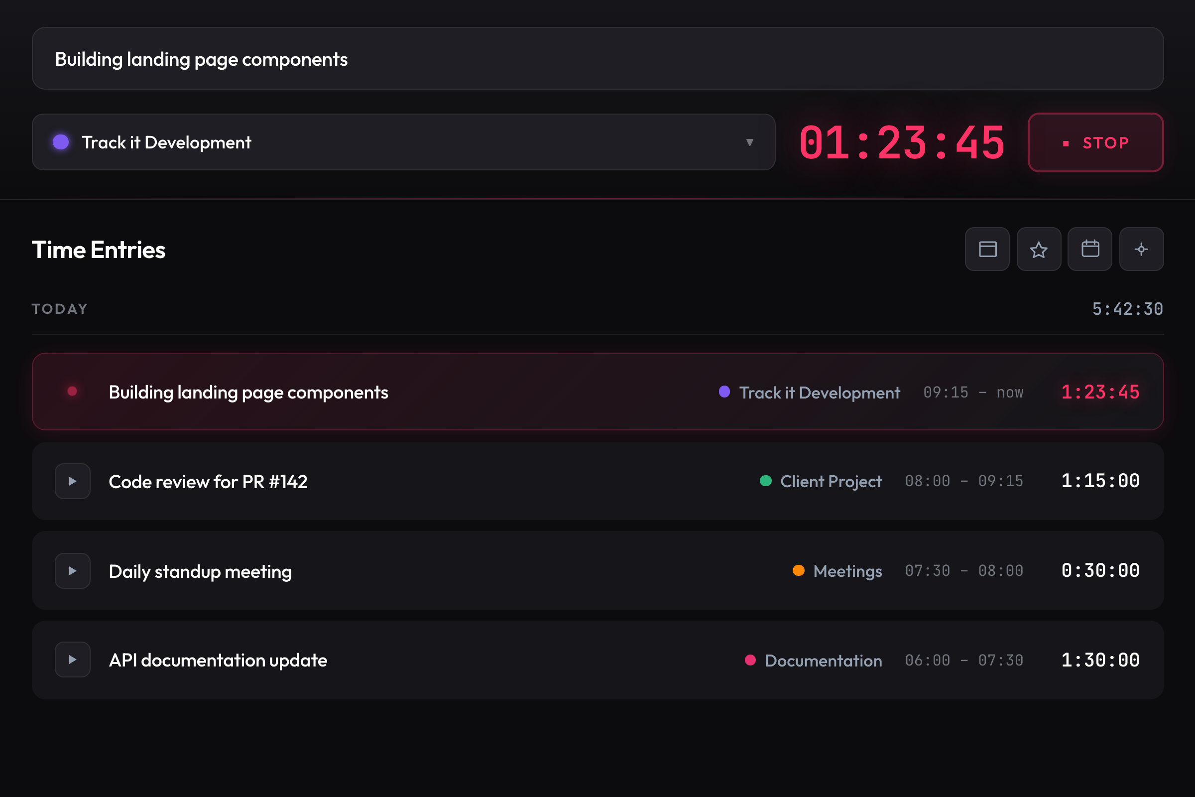 Track it app interface showing time entries and running timer