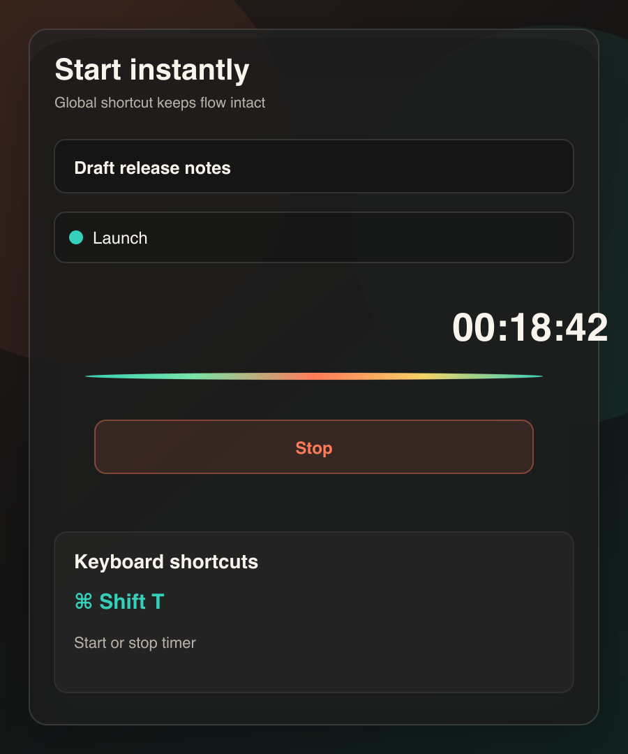 Track it compact timer screen with keyboard shortcut focused workflow